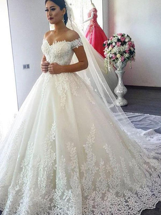 Wedding Dress 2021 Off The Shoulder ball gown short Sleeve Natural Waist Bridal Gowns with train