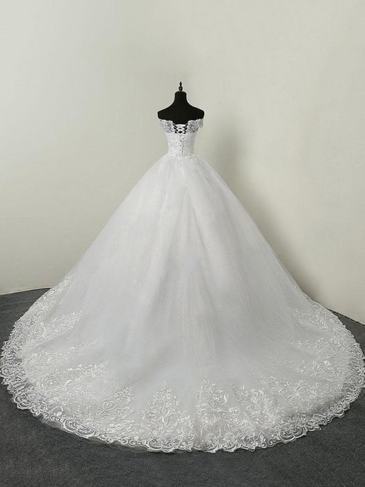 wedding dresses 2021 ball gown off the shoulder short sleeve natural waist lace applique tulle bridal dress