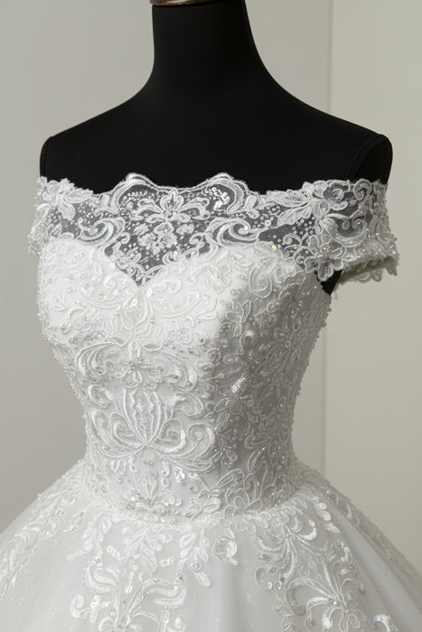 wedding dresses ball gown off the shoulder short sleeve natural waist lace applique tulle bridal dress