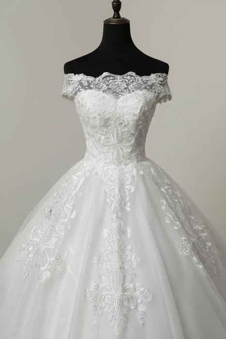 wedding dresses ball gown off the shoulder short sleeve natural waist lace applique tulle bridal dress