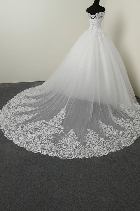 wedding dresses ball gown off the shoulder short sleeve natural waist lace applique tulle bridal dress