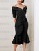 Off the shoulder crepe midi dress with a beaded belt in black
