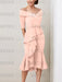 Off the shoulder crepe midi dress with a beaded belt in blush pink