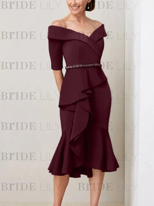Off the shoulder crepe midi dress with a beaded belt in burgundy