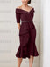 Off the shoulder crepe midi dress with a beaded belt in burgundy