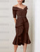 Off the shoulder crepe midi dress with a beaded belt in chocolate brown