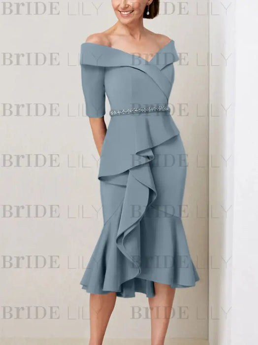 Dusty Blue off the shoulder mother of the bride midi dress with beaded belt