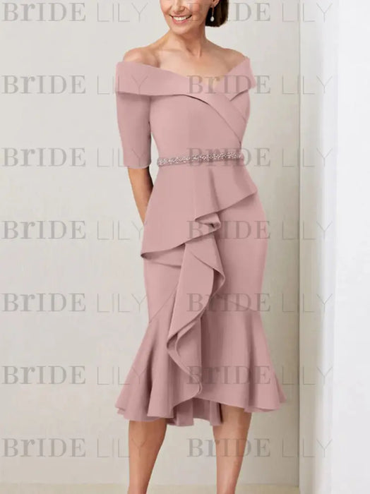 Dusty Pink off the shoulder mother of the bride midi dress with beaded belt