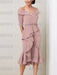 Dusty Pink off the shoulder mother of the bride midi dress with beaded belt