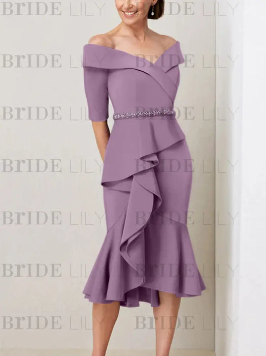 Dusty Purple off the shoulder mother of the bride midi dress with beaded belt