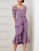 Dusty Purple off the shoulder mother of the bride midi dress with beaded belt