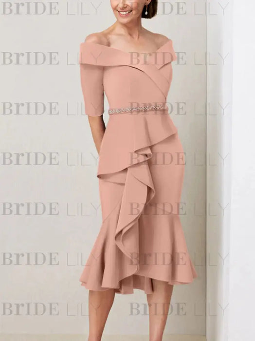 Dusty Rose off the shoulder mother of the bride midi dress with beaded belt