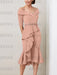 Dusty Rose off the shoulder mother of the bride midi dress with beaded belt
