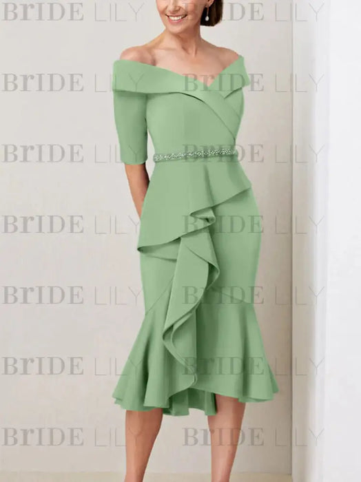 Dusty Sage off the shoulder mother of the bride midi dress with beaded belt