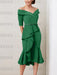 Emerald off the shoulder mother of the bride midi dress with beaded belt