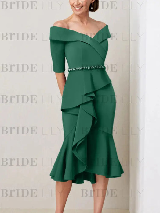 Off the shoulder crepe midi dress with a beaded belt in emerald green
