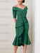 Off the shoulder crepe midi dress with a beaded belt in emerald green