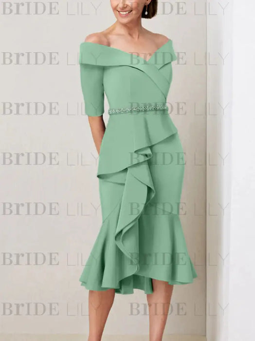 Eucalyptus off the shoulder mother of the bride midi dress with beaded belt