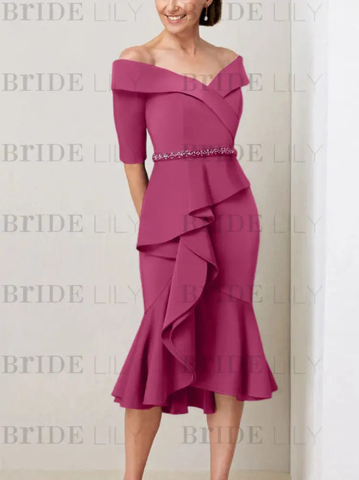 Fuchsia off the shoulder mother of the bride midi dress with beaded belt