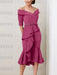 Fuchsia off the shoulder mother of the bride midi dress with beaded belt