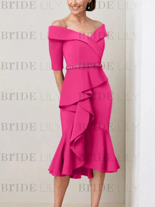 Fuchsia Pink off the shoulder mother of the bride midi dress with beaded belt