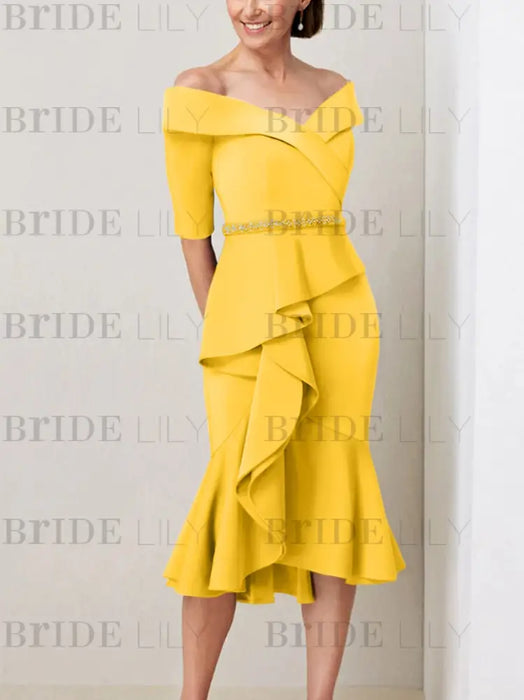 Gold off the shoulder mother of the bride midi dress with beaded belt