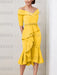 Gold off the shoulder mother of the bride midi dress with beaded belt