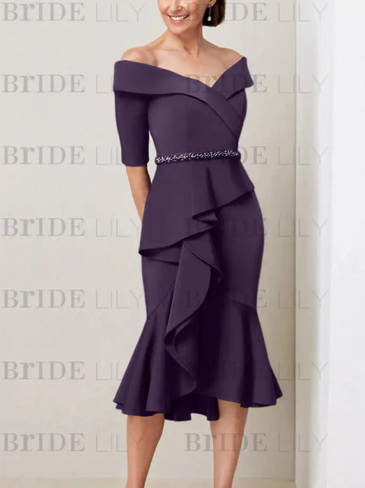 Grape off the shoulder mother of the bride midi dress with beaded belt