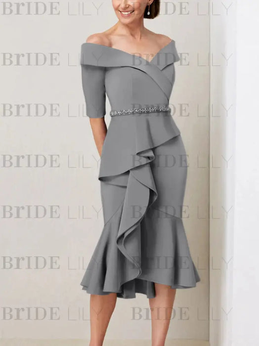 Gray off the shoulder mother of the bride midi dress with beaded belt