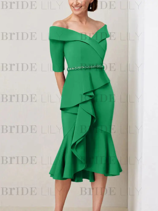 Green off the shoulder mother of the bride midi dress with beaded belt
