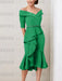 Green off the shoulder mother of the bride midi dress with beaded belt