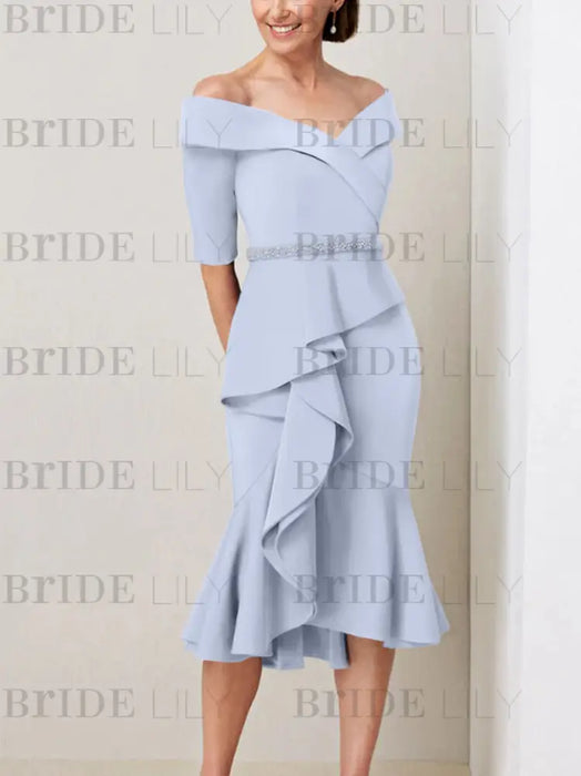 Lavender off the shoulder mother of the bride midi dress with beaded belt