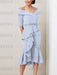 Lavender off the shoulder mother of the bride midi dress with beaded belt