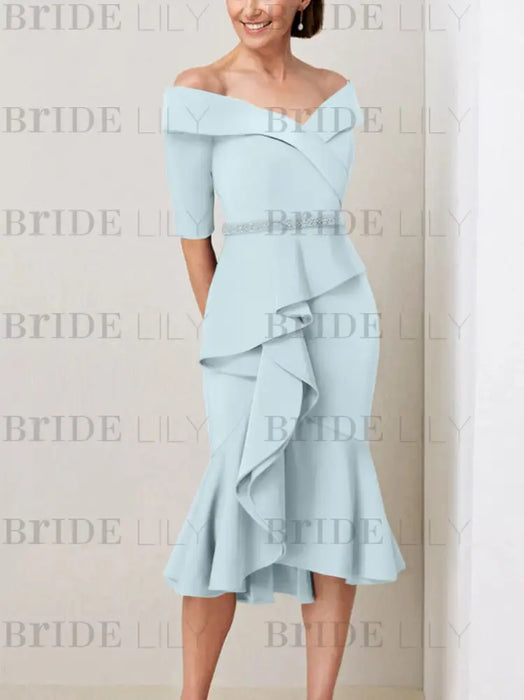 Light Blue off the shoulder mother of the bride midi dress with beaded belt