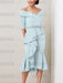 Light Blue off the shoulder mother of the bride midi dress with beaded belt