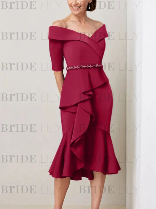 Light Burgundy off the shoulder mother of the bride midi dress with beaded belt