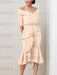 Light Champagne off the shoulder mother of the bride midi dress with beaded belt