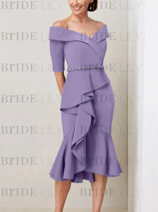 Light Purple off the shoulder mother of the bride midi dress with beaded belt