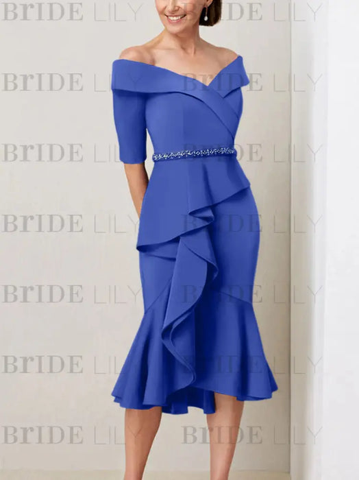 Light Royal Blue off the shoulder mother of the bride midi dress with beaded belt
