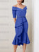 Light Royal Blue off the shoulder mother of the bride midi dress with beaded belt