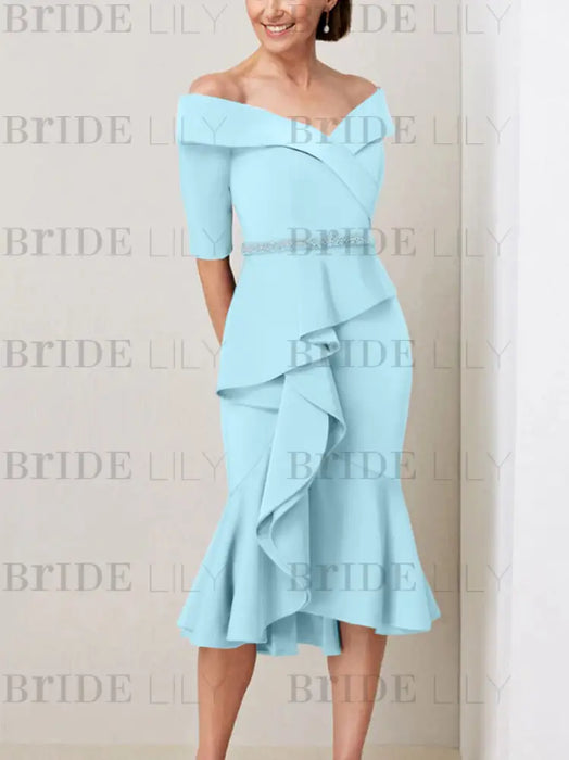Light Sky Blue off the shoulder mother of the bride midi dress with beaded belt