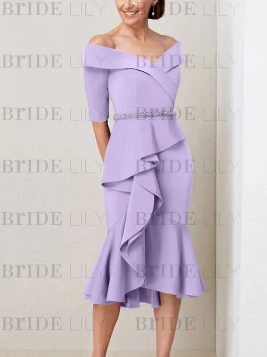 Lilac off the shoulder mother of the bride midi dress with beaded belt