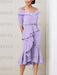 Lilac off the shoulder mother of the bride midi dress with beaded belt