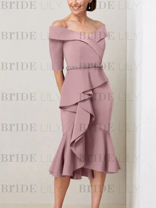Mauve off the shoulder mother of the bride midi dress with beaded belt