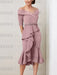 Mauve off the shoulder mother of the bride midi dress with beaded belt
