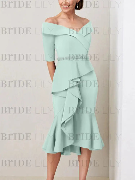 Mist Blue off the shoulder mother of the bride midi dress with beaded belt