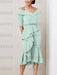 Mist Blue off the shoulder mother of the bride midi dress with beaded belt