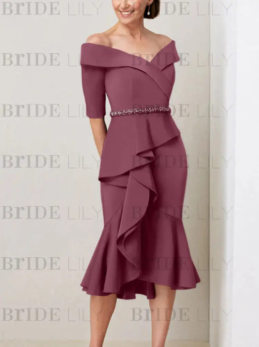 Mulberry off the shoulder mother of the bride midi dress with beaded belt