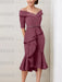 Mulberry off the shoulder mother of the bride midi dress with beaded belt