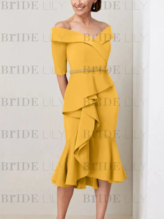 Mustard Yellow off the shoulder mother of the bride midi dress with beaded belt